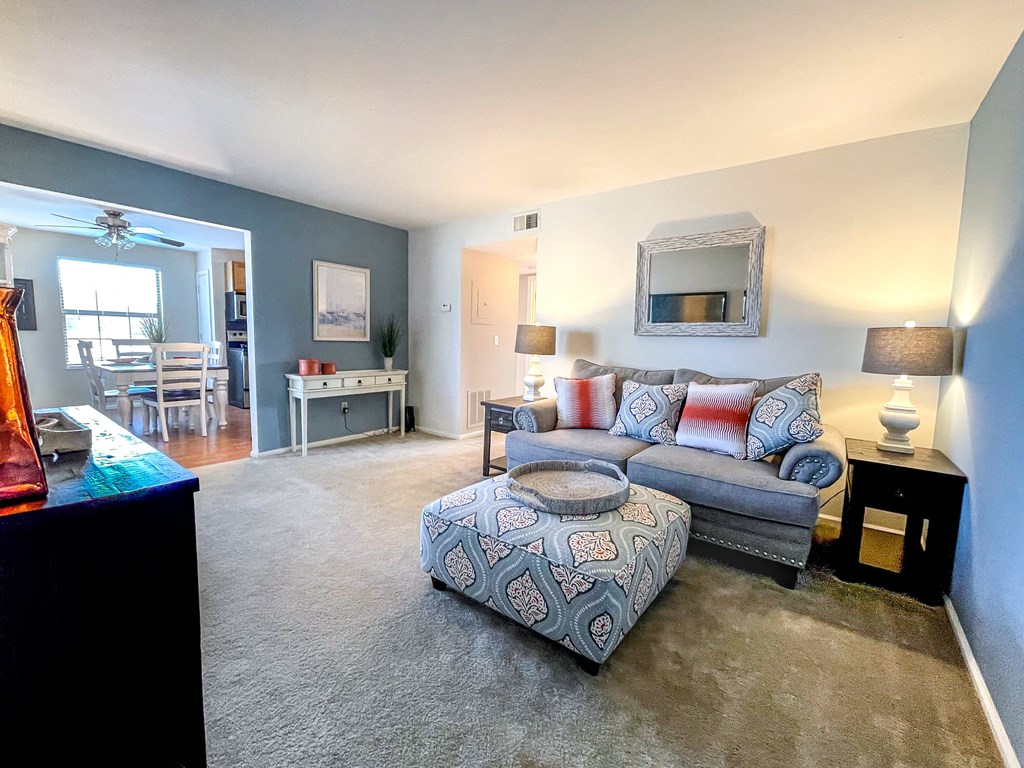 a living room with a couch and a coffee table
