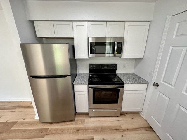 a kitchen with a stove a refrigerator and a microwave at Mammoth at the Orchard Apartments, Rogers Arkansas  