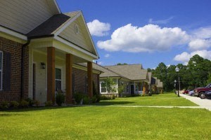a row of houses with a green lawn