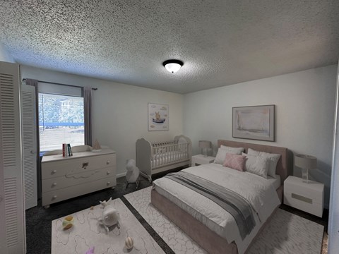 A bedroom with a large bed and a smaller bed in the corner.
