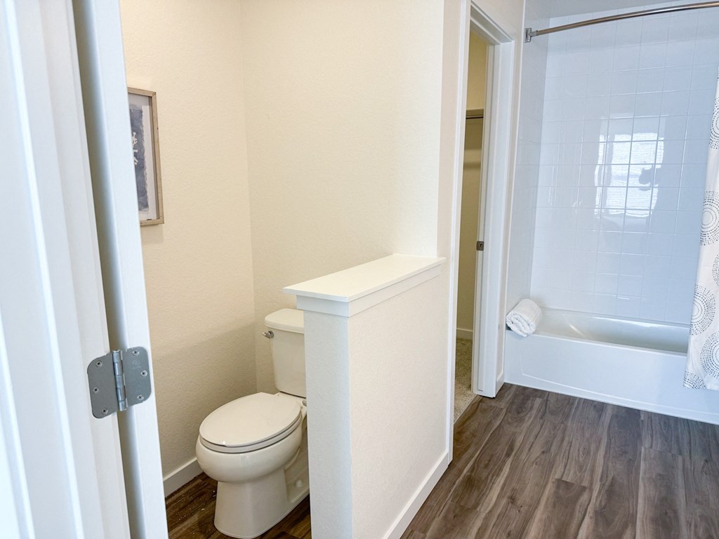 a bathroom with a toilet and a tub and a shower