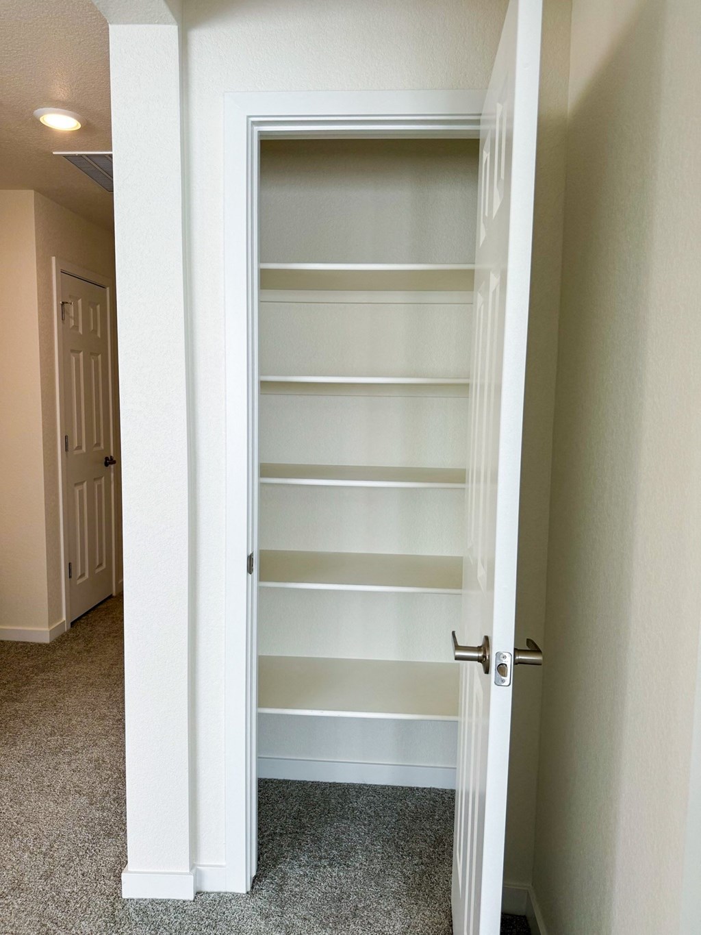 a closet with white shelves and a white door