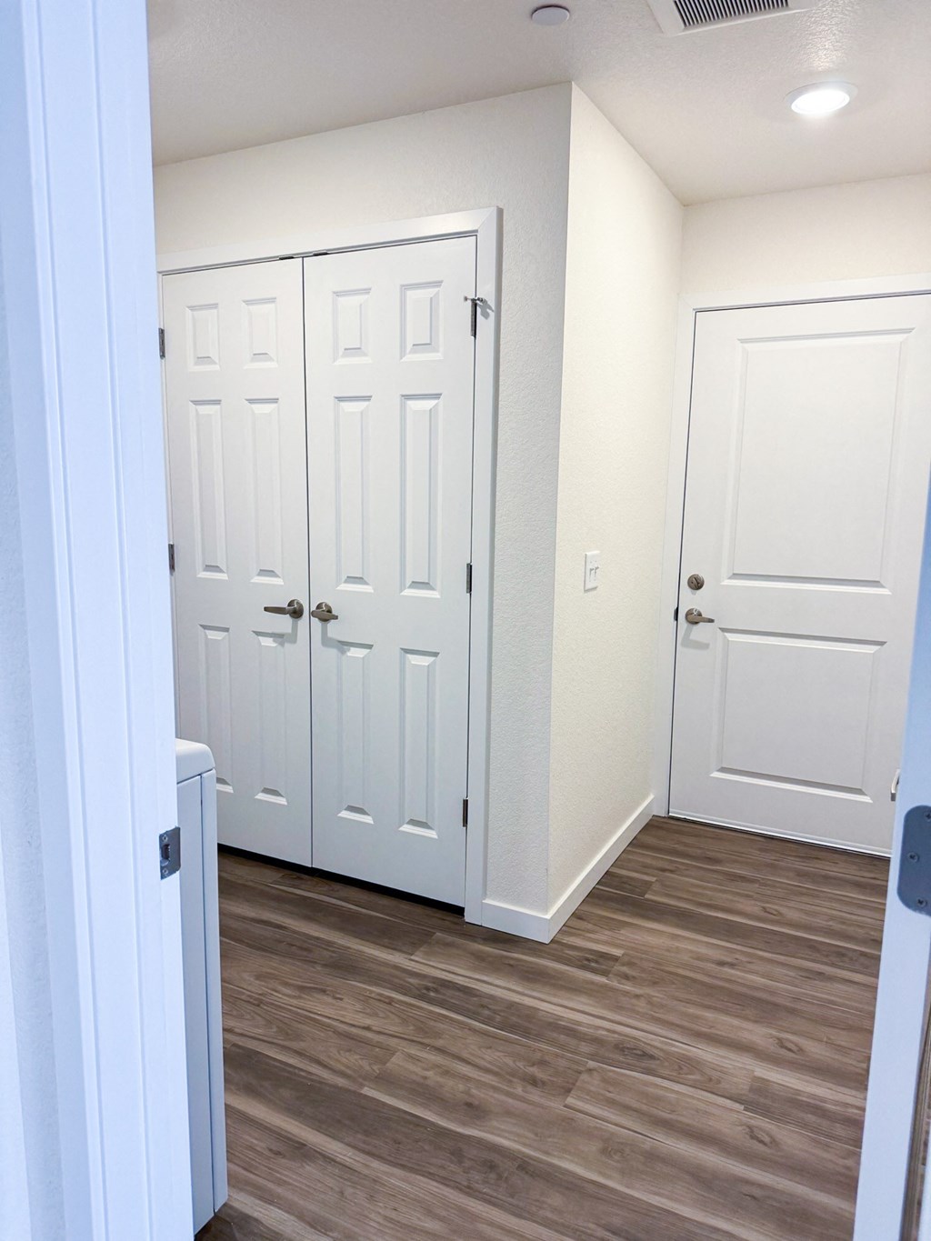 a hallway with white doors and a wood floor