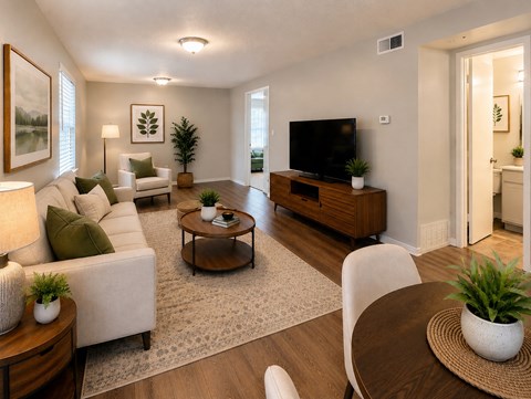 A living room with a white couch, a coffee table, a television, and a potted plant.
