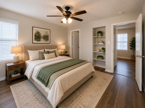 A bedroom with a bed, a ceiling fan, and a painting on the wall.