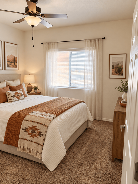 A bedroom with a bed, a ceiling fan, and a window with curtains.