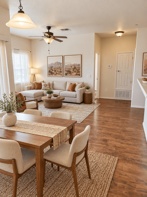 A living room with a dining table and chairs.