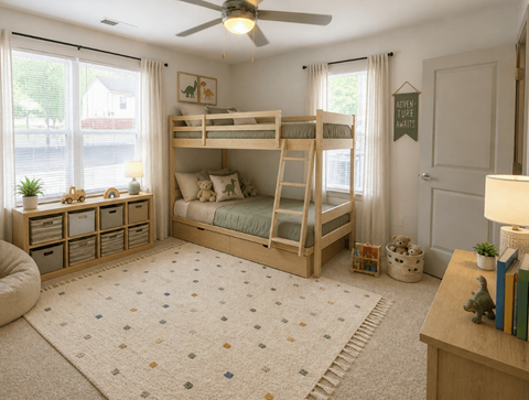 A room with a bunk bed and a ceiling fan.