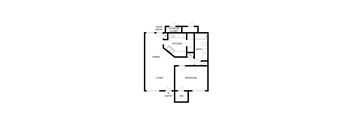A floor plan of a house with a living room, dining room, kitchen, bedroom, bathroom, storage closet, and a rear entry closet.
