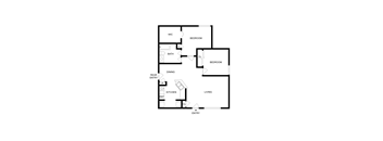 A floor plan of a house with two bedrooms, a living room, a kitchen, a dining room, a bathroom, and a rear entry.