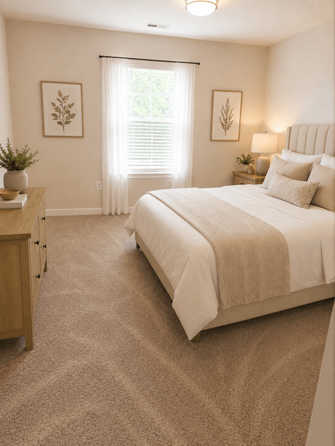 A bedroom with a large bed and a nightstand with a lamp.