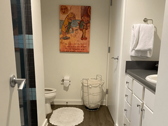 a bathroom with a toilet and a sink and a shower