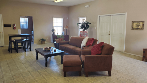 A living room with a brown couch and a coffee table.
