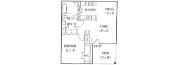 A floor plan of a house with labeled rooms such as kitchen, dining, and bedroom.