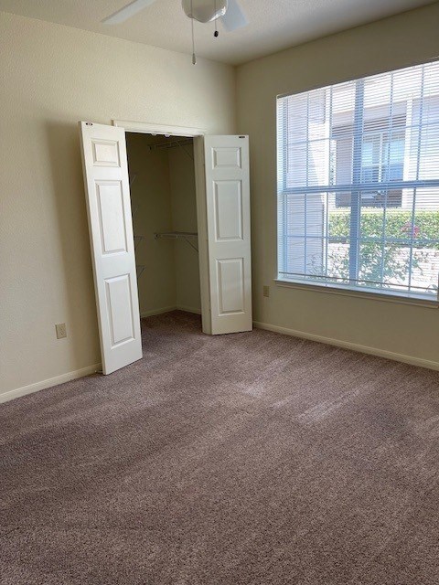 A room with a carpeted floor and two open doors.
