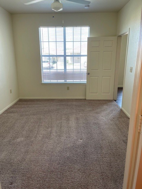A room with a carpeted floor and a window with blinds.