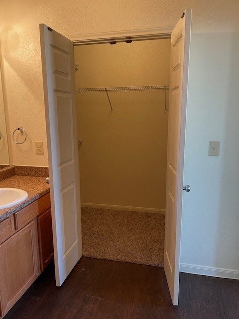 A bathroom with a sink and a shower.