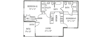 A floor plan of a home with a living area, two bedrooms, a patio, a kitchen, a utility room, and a bathroom.