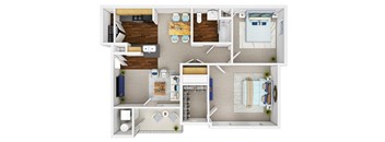 A floor plan of a small apartment with a kitchen, living room, and bedroom.