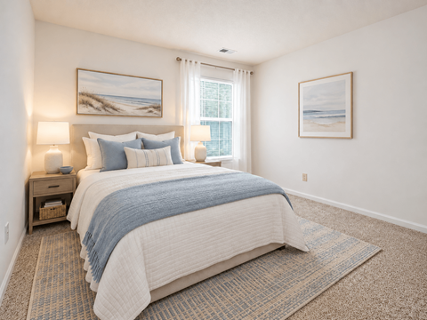 A bedroom with a large bed and two pictures on the wall.