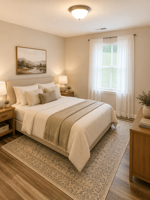 A bedroom with a large bed and a painting on the wall.