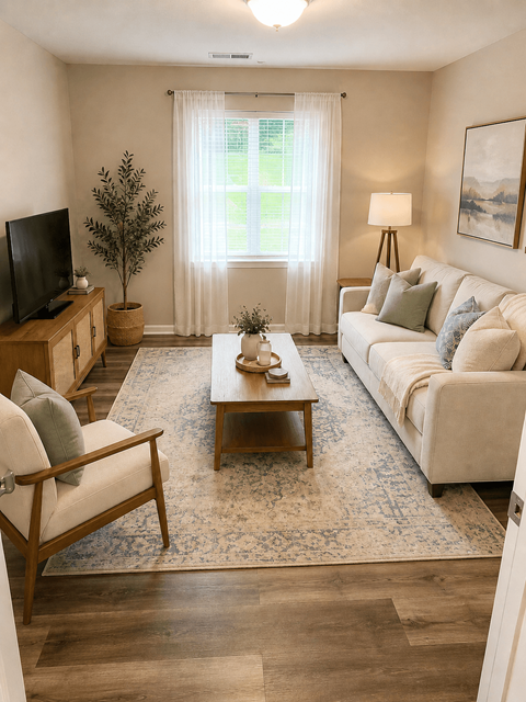 A living room with a white couch, a wooden coffee table, and a flat screen TV.