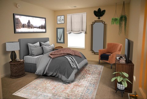 A bedroom with a large bed and a chair.