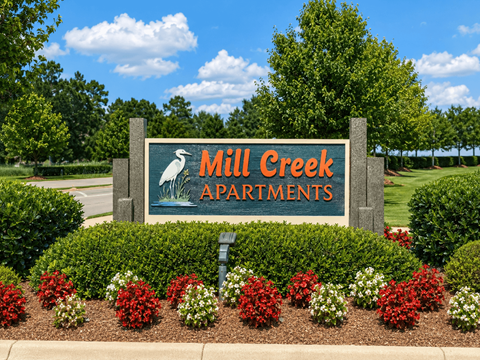 A sign for Mill Creek Apartments is surrounded by flowers and greenery.