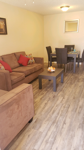A brown couch with red pillows sits in a living room with a dining table and chairs in the background.