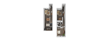 A floor plan of a two-story apartment with a living room, kitchen, and bedrooms.