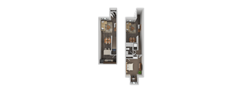 A floor plan of a two-story apartment with a living room, kitchen, and bedrooms.
