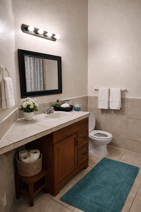 A bathroom with a toilet, sink, mirror, and a rug.