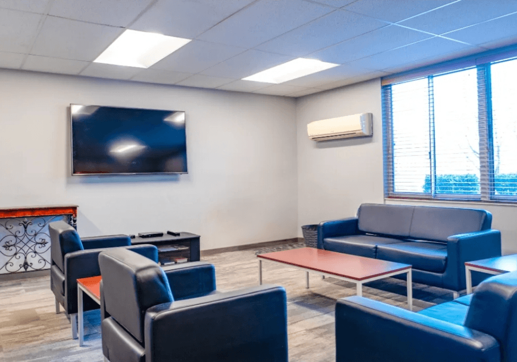 a living room with couches and chairs and a tv