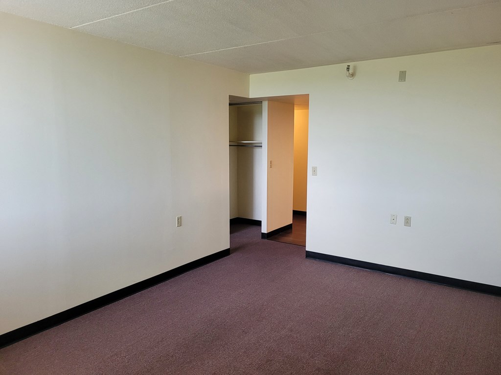 an empty room with a white wall and purple carpet