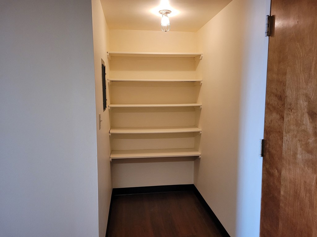 a walk in closet in a bedroom with a door and a wooden floor