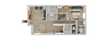 A top-down view of a modern apartment layout with a kitchen, living room, and bedrooms.