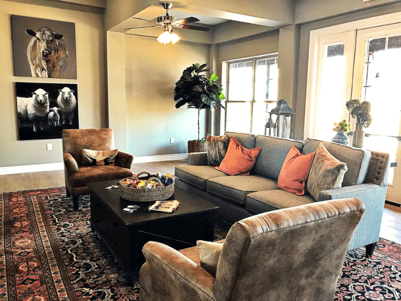 a living room with couches and chairs