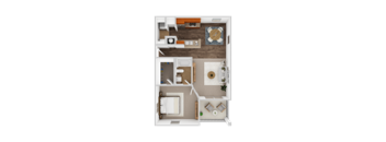 A top-down view of a small apartment with a bedroom, living room, and kitchen.
