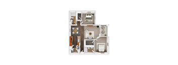 A 3D rendered image of a house layout.