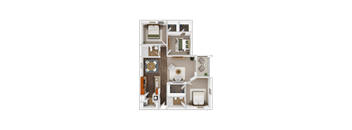 A 3D floor plan of a house with a living room, kitchen, and two bedrooms.