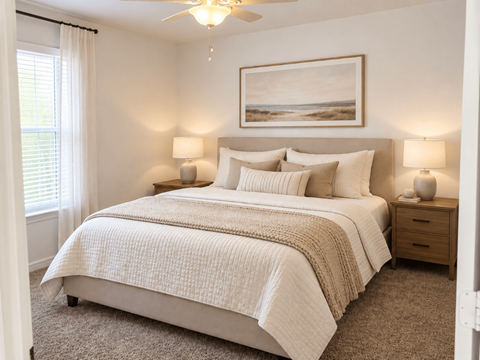 A bedroom with a large bed and a ceiling fan.