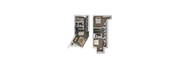 A 3D floor plan of a two-bedroom apartment.