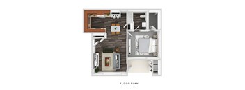 A floor plan of a small apartment with a kitchen, living room, and bathroom.