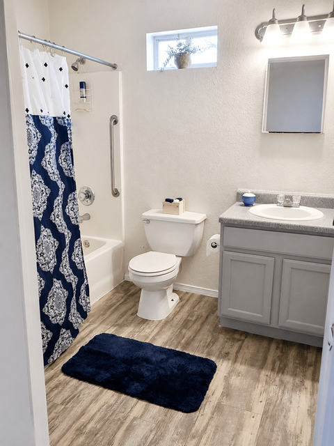 A bathroom with a toilet, sink, and shower curtain.