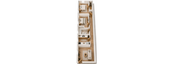 A top-down view of a modern, minimalist apartment with a kitchen, living room, and bedroom.