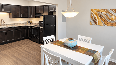 A kitchen with black cabinets and a black refrigerator.