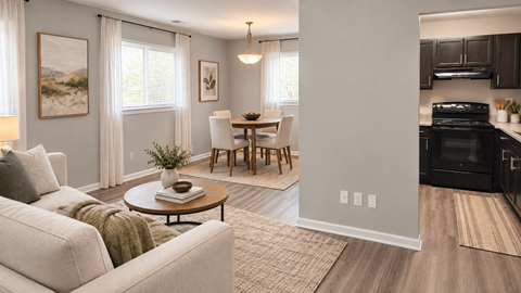 A living room with a couch, a coffee table, and a dining table.