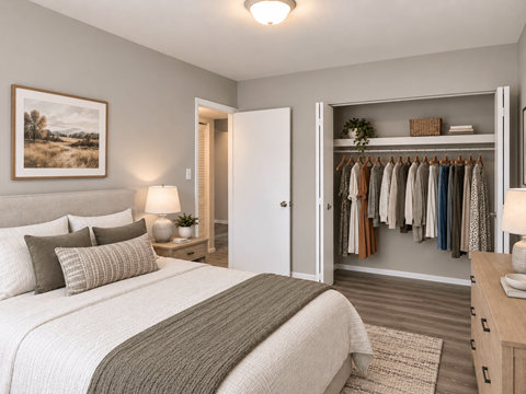 A bedroom with a large bed and a closet with clothes.