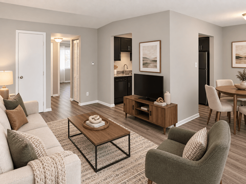 A living room with a grey couch, a coffee table, and a chair.