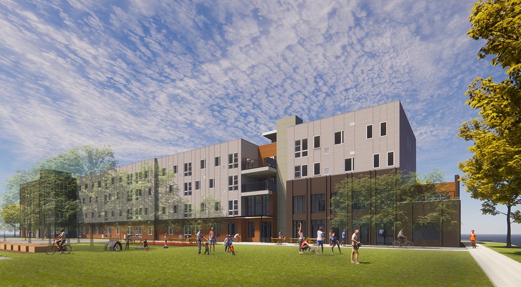 a rendering of a building with students playing on a field